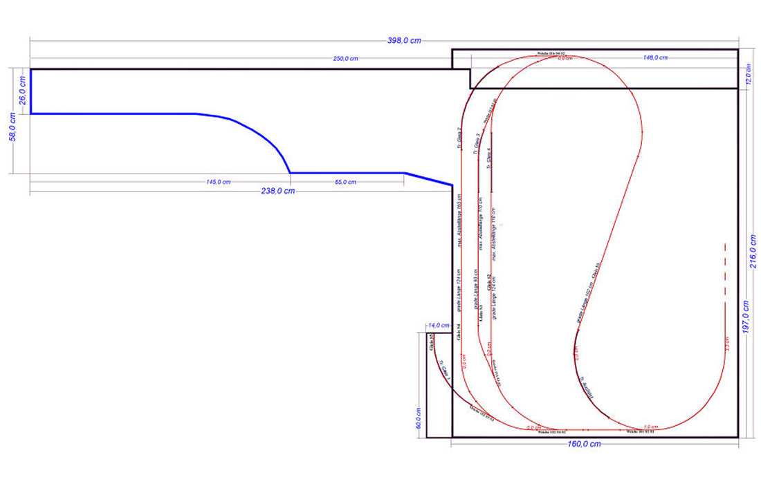 Die Planung und der Grundriss der Anlage. - Unter dem Geländeteil der Schattenbahnhof mit 3 Abstellgleisen auf Höhe von 52 cm.