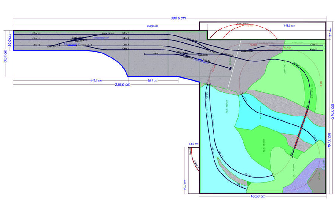 Die Planung und der Grundriss der Anlage. - Der sichtbare Teil auf Höhe von 68 cm bis 82 cm und ein verstecktes Abstellgleis für den Nahverkehrszug.