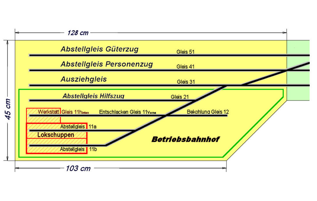 Der Bahnhof braucht ein Bahnbetriebswerk. - Die letzten 52 cm wurden auf 128 cm verlängert und 45 cm verbreiter.